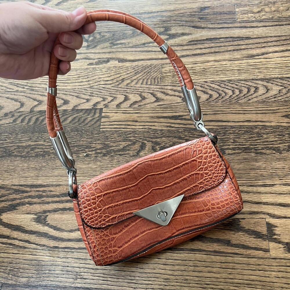 Mini small orange crocodile skin print shoulder bag with silver hardware